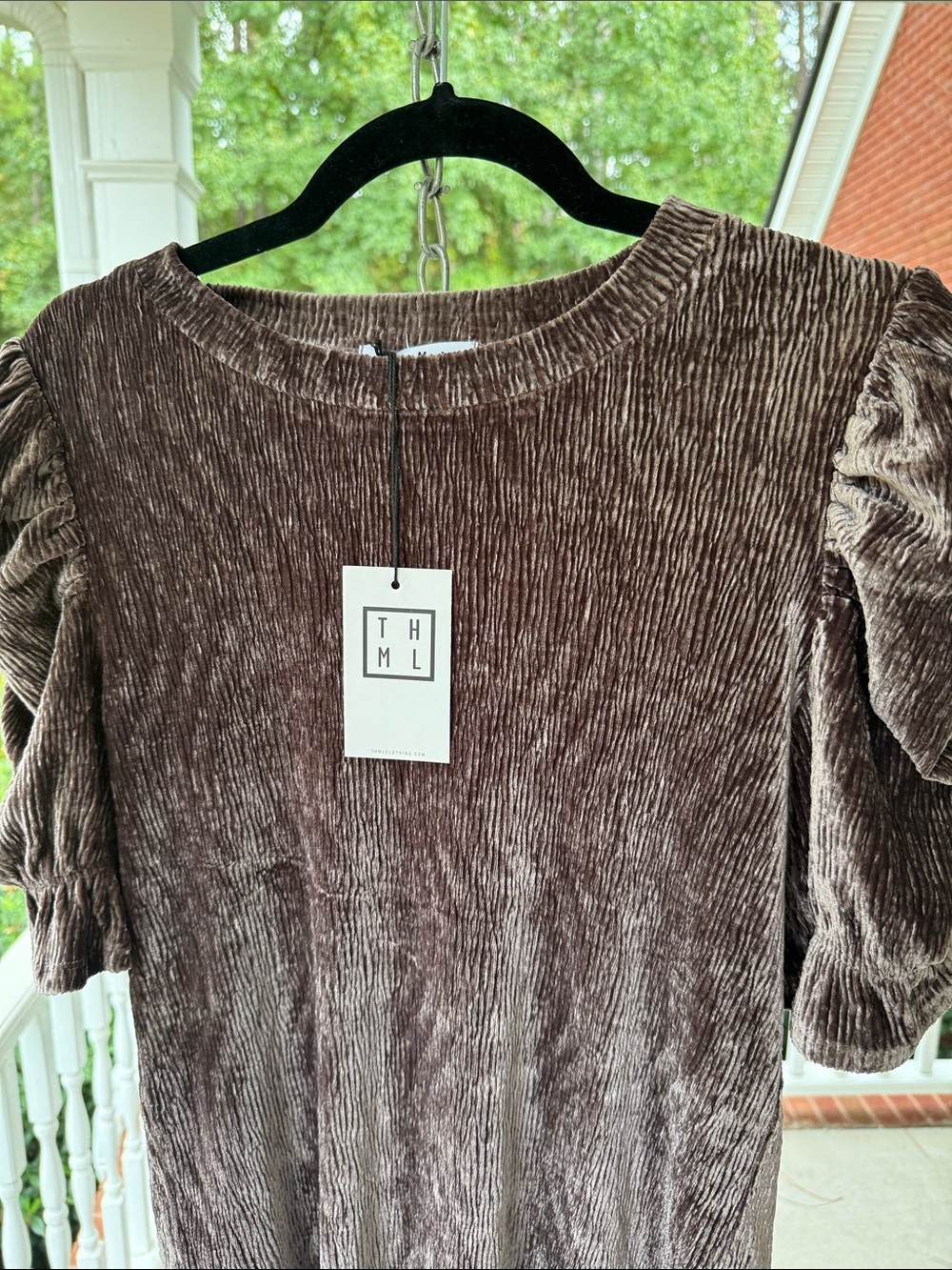 THML Chocolate Brown Velvet Puff Sleeve Tunic
